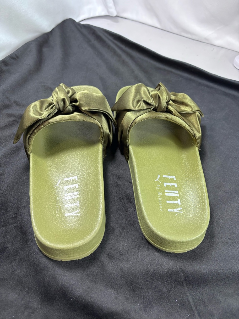 PUMA x FENTY by Rihanna Olive Green Satin Bow Slide Sandals | Women’s US 6 - Picture 5 of 10